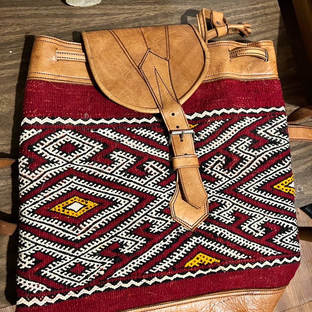 Vintage leather tapestry back pack